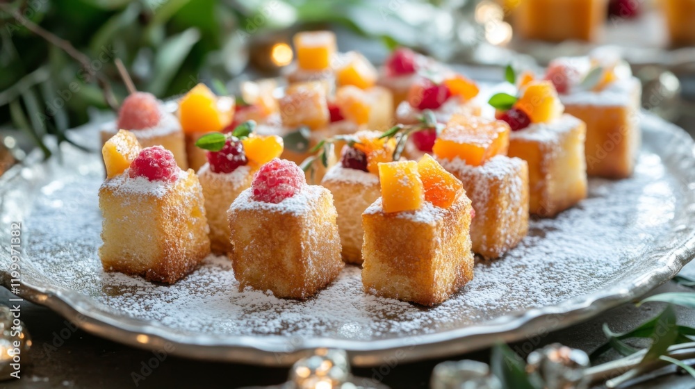 Poster a whimsical presentation of mini honey toast bites served on a plate, topped with colorful fruit and