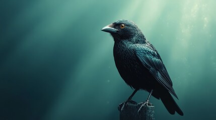 Obraz premium A black bird with yellow eyes is perched on a pole