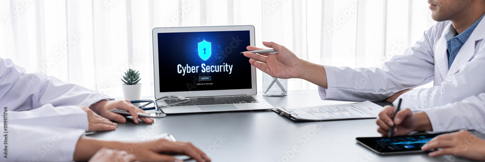 Poster cyber security system on computer screen protect private information brisk from hacker and cyber att