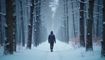 Solitary figure strolling through tranquil snowy forest, winter solitude and reflection