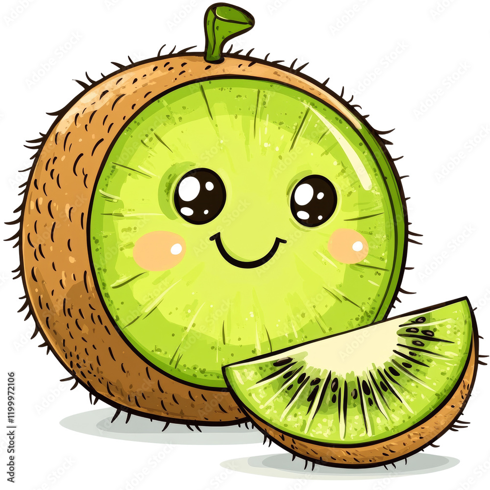 Poster a whimsical illustration of a kiwi fruit cut in half showing a smiling face and a separate slice.