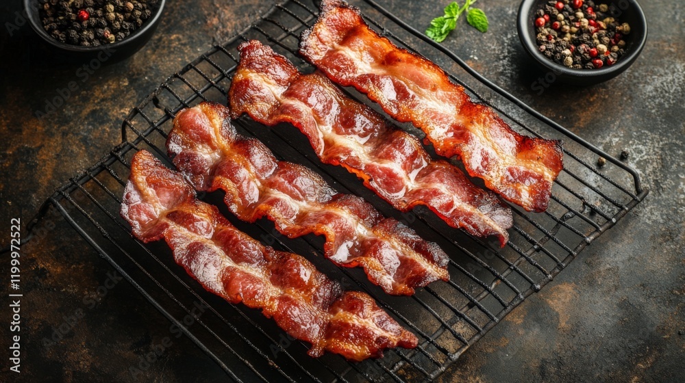 Poster bacon strips cooling on a wire rack after frying, with crispy edges and golden brown texture, ready 