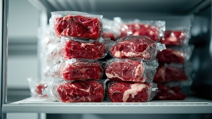 Vacuum-sealed meat display butcher shop food quality and safety chilled environment close-up view freshness concept