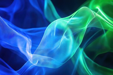 Vibrant light waves in blue and green tones create a modern abstract composition