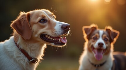 Two adorable dogs enjoying the golden hour. One is a tan and white mixed breed, the other a tri-color. Their happy expressions and the warm light create a heartwarming scene.