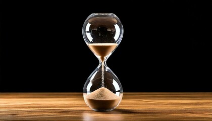 half way through time in a hour glass on black background