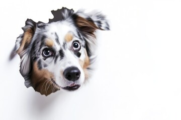 A close-up shot of a dog gazing up at the camera, with a curious expression
