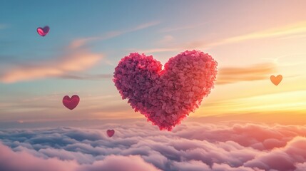 Fototapeta premium pastel cloudscape with heart-shaped petals in the air