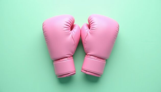 Vivid Pink Boxing Gloves Against Vibrant Green Background: Eye-Catching Contrast in Sports Gear.