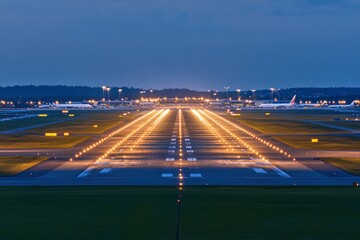 Fototapeta premium Night view of illuminated airport runways showcasing busy air traffic operations