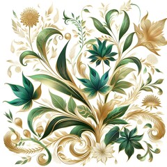 Fototapeta premium ornate floral pattern, golden flowers, intricate swirls, emerald green background, art nouveau style, metallic gold accents, black leaves, decorative botanical design, Green and Gold Floral Design Art