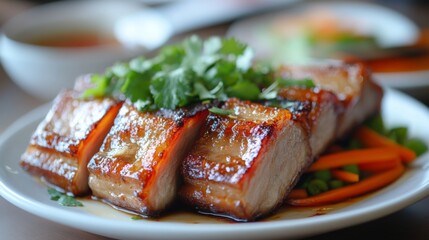 Crispy, golden-brown slices of pork belly glistening with fish sauce, served on a white plate alongside a garnish of fresh herbs and sliced vegetables.