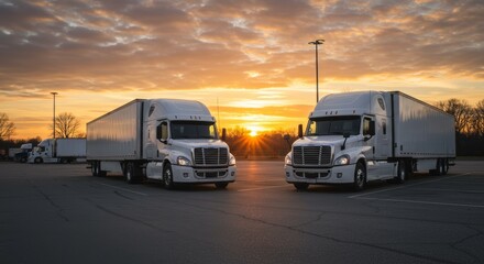 Obraz premium Two white semi-trucks parked in an empty lot at sunset with a warm orange and yellow sky and chrome grills