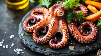Grilled octopus served on a rustic stone platter, drizzled with olive oil and sprinkled with coarse sea salt, with a side of fresh vegetables