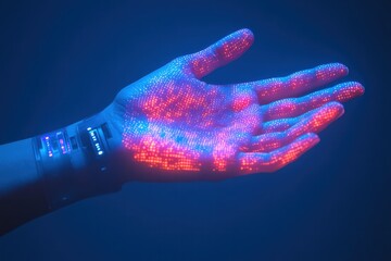 Silhouette of a hand displaying biometric scanners with colorful lights in a dark background