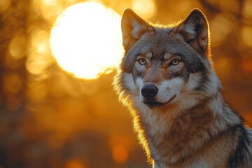 Wolf silhouette against the glowing backdrop of a full sunset in nature