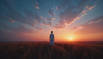 Fototapeta premium Serene man gazing at sunset sky in open field, meditation and introspection concept