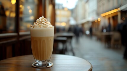 A creamy salted caramel milkshake, topped with whipped cream, exudes warmth and sweetness on a cozy caf&eacute; table.