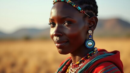 A young African woman with dark skin smiles gently, adorned in vibrant beaded jewelry against a warm, sunlit landscape. Her traditional attire and radiant expression capture a moment of serene beauty.