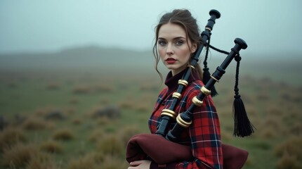Obraz premium A young Caucasian woman in a red and black plaid shirt stands in a misty field, carrying bagpipes. A moody, atmospheric portrait.