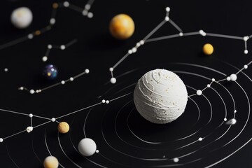 A 3D model of the solar system displayed on a dark, black surface