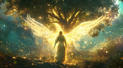 Obraz premium Archangel Gabriel standing by a tree of life in a celestial garden with a peaceful presence and radiant aura