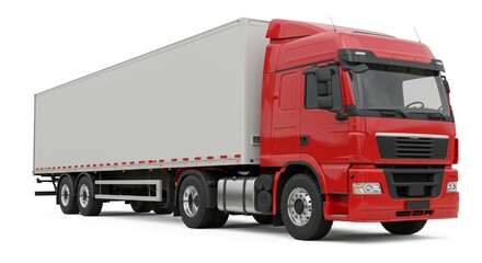 Red truck with a large cargo trailer, facing right and appearing in motion, isolated on a white background

