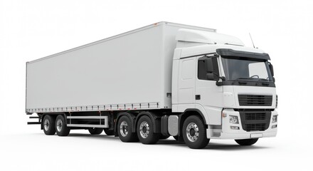 White truck with a large cargo trailer, facing right and appearing in motion, isolated on a white background

