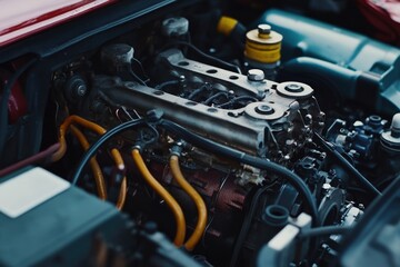 A detailed view of a car's engine, with the hood open for inspection