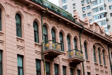 Facade of red European architecture