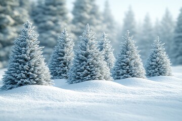 Obraz premium A row of small trees covered in snow, perfect for winter scenes or festive occasions