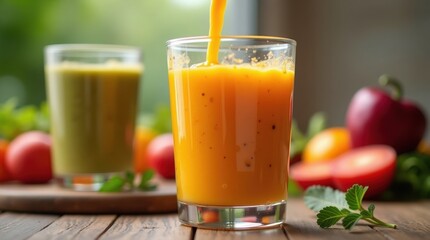 Fototapeta premium Freshly made orange smoothie being poured into a glass, next to a green smoothie. Healthy and vibrant colors.