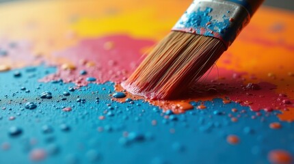 Fototapeta premium Close-up view of a paintbrush applying vibrant colors to a canvas. The colors blend together, creating a dynamic and textured effect.
