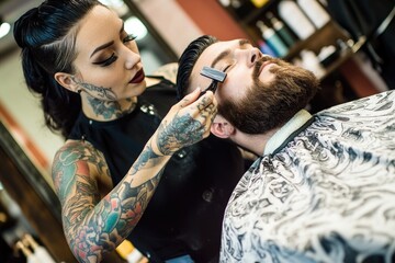 A close-up shot of a man sitting in a barber's chair, being given a haircut by a female barber