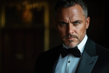 A formal evening outfit with black tuxedo, white shirt, and red bow tie