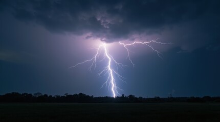 A powerful bolt of lightning illuminates the night sky above a dark, silhouetted landscape. The dramatic contrast between the bright flash and the deep shadows creates a striking image.