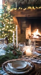 Rustic holiday table setting with fireplace and christmas tree