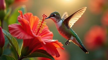 Fototapeta premium A hummingbird hovers near a vibrant red hibiscus flower, its wings a blur against the warm, golden sunlight.