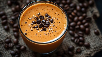 A creamy salted caramel milkshake topped with coffee beans, exuding warmth and indulgence in rich, inviting tones.