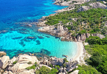 Obraz premium breathtaking landscape on the island Sardinia with turquoise sea and white sand, aerial view on the beach spiaggia delle vacche