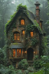 Enchanted stone cottage, nestled in a misty forest.