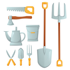 Gardening tools set isolated on white background. Shovel, bucket, pitchfork, rake, pruner, ax, saw, watering can, garden shovels and fork for loosening the earth. Vector illustration in a flat style.