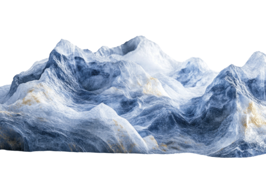 An abstract digital rendering of a mountain range featuring a cool blue and gold color palette.