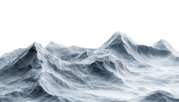 A digitally rendered image depicts an abstract snowy mountain range against a black background.