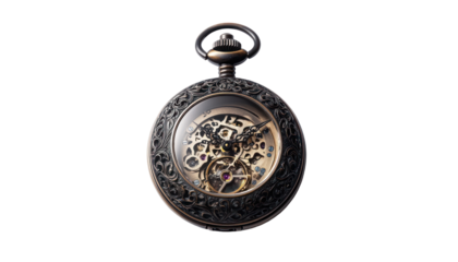An intricately designed antique pocket watch with its inner mechanism visible, displayed against a black background.