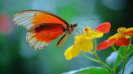Fototapeta premium Vibrant Orange Butterfly on Yellow and Red Flowers