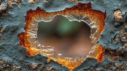 Rusted metal hole, forest view, texture, abstract.