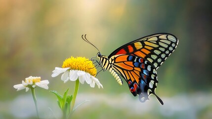 Fototapeta premium Vibrant Butterfly on Daisy Flower in Nature