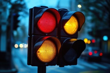 A traffic light standing tall on a busy city street at night, guiding the way for drivers and pedestrians