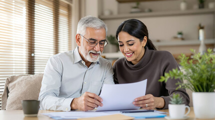 Obraz premium Senior man and woman reviewing documents together home smiling